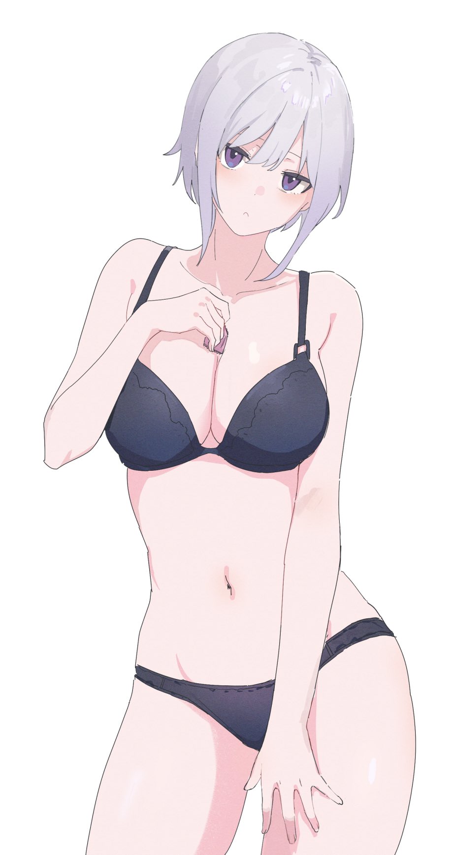 1girl bario black_bra black_panties blush bra breasts cleavage closed_mouth collarbone condom condom_wrapper cowboy_shot grey_hair hand_on_own_chest highres large_breasts looking_at_viewer navel original panties purple_eyes short_hair simple_background solo standing stomach thighs underwear underwear_only white_background