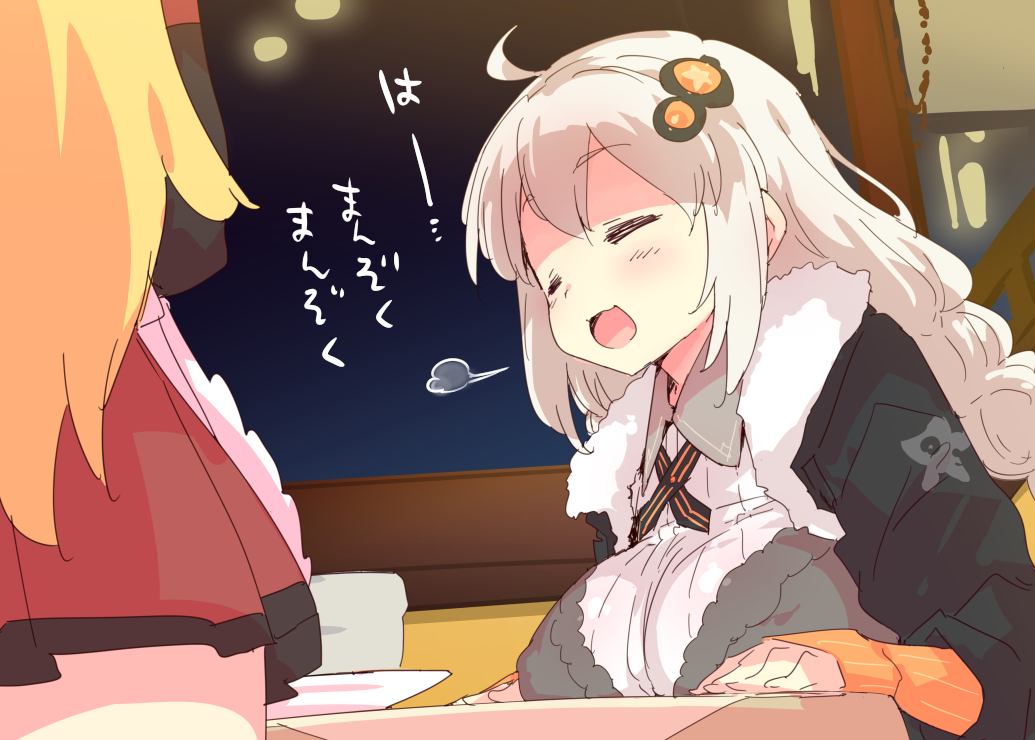 1girl ahoge apron black_jacket blonde_hair blue_eyes braid breast_rest breasts breasts_on_table chewing collared_dress commentary_request double-parted_bangs dress eating food fork frilled_dress frills fur-trimmed_jacket fur_trim hair_ornament happy jacket kizuna_akari long_hair petenshi_(dr._vermilion) pleated_skirt restaurant skirt sleeves_past_wrists translation_request tsurumaki_maki voiceroid white_apron
