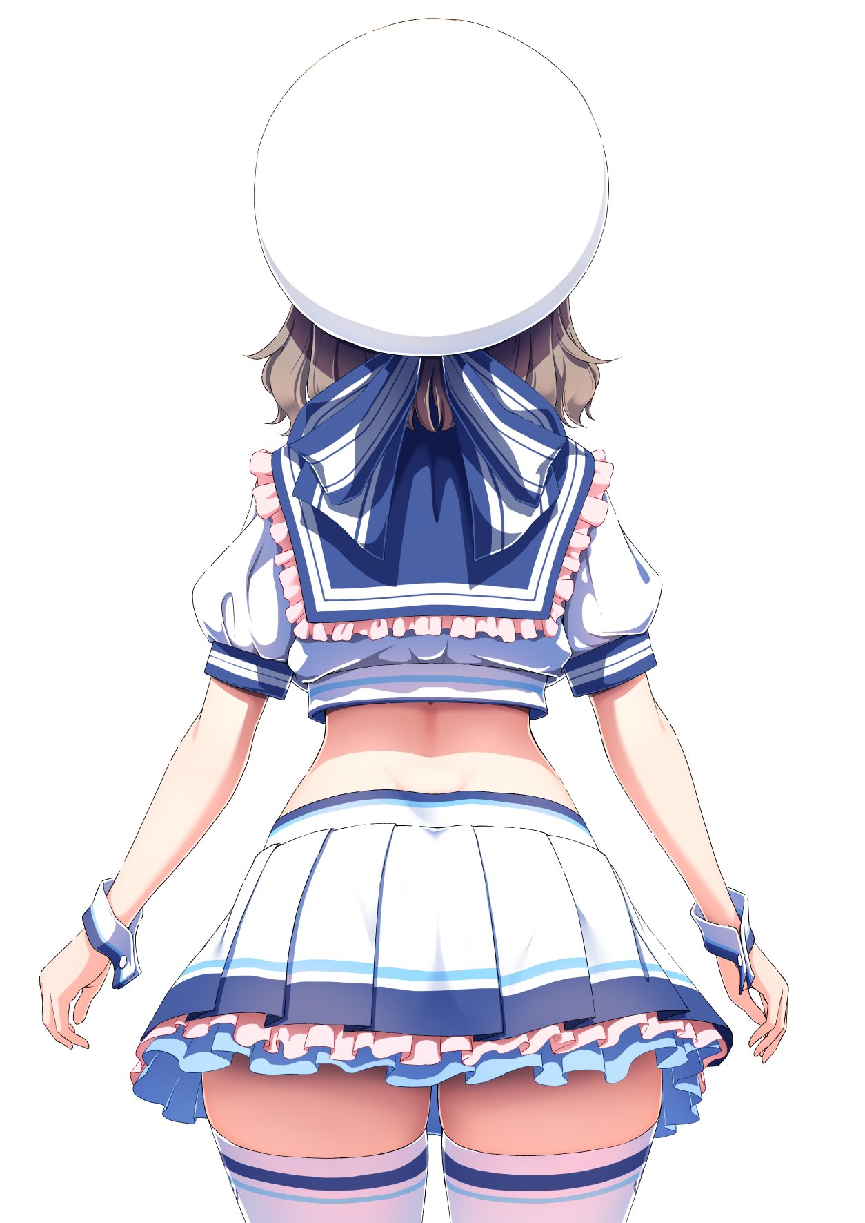 amagi_(volfuji) ass back frills from_behind hat highres leaning_forward love_live! love_live!_sunshine!! midriff ribbon sailor_collar short_hair simple_background skirt thighhighs thighs watanabe_you