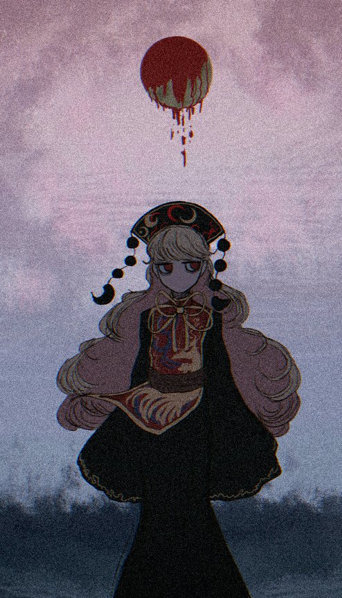 1girl bad_id bad_twitter_id black_dress blonde_hair blood chinese_clothes curly_hair dress facing_viewer full_moon junko_(touhou) long_hair moon n0een neck_ribbon no_mouth phoenix_crown pom_pom_(clothes) red_eyes red_moon red_tabard ribbon sideways_glance sleeves_past_fingers sleeves_past_wrists solo tabard touhou very_long_hair wide_sleeves