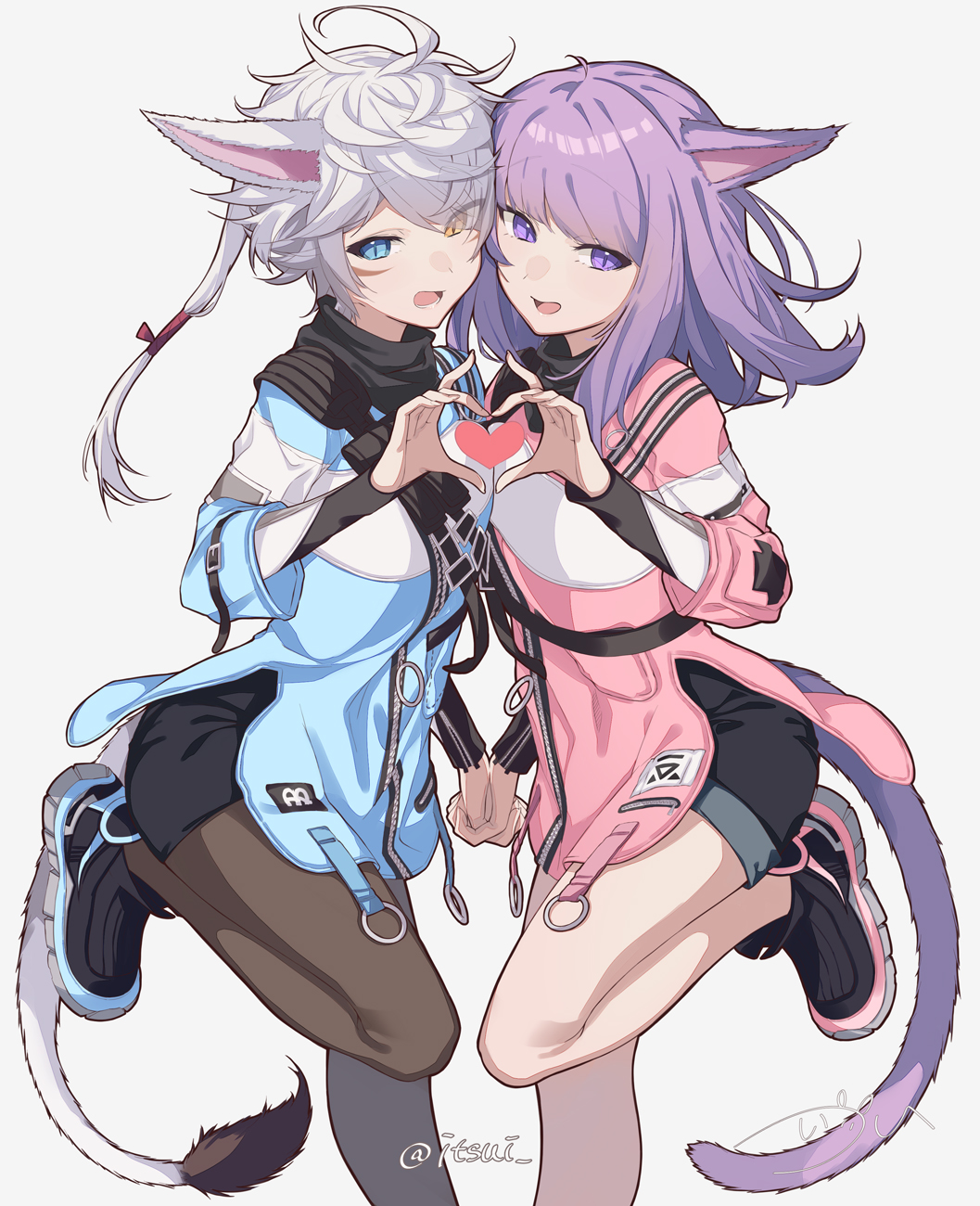2girls animal_ears black_pantyhose blue_eyes cat_ears cat_girl cat_tail facial_mark final_fantasy final_fantasy_xiv heart heart_hands heart_hands_duo heterochromia highres holding_hands itsui_(dihydrogenmonoxid) long_hair looking_at_viewer miqo'te multiple_girls open_mouth pantyhose ponytail purple_eyes purple_hair shorts standing standing_on_one_leg tail warrior_of_light_(ff14) whisker_markings white_background white_hair yellow_eyes