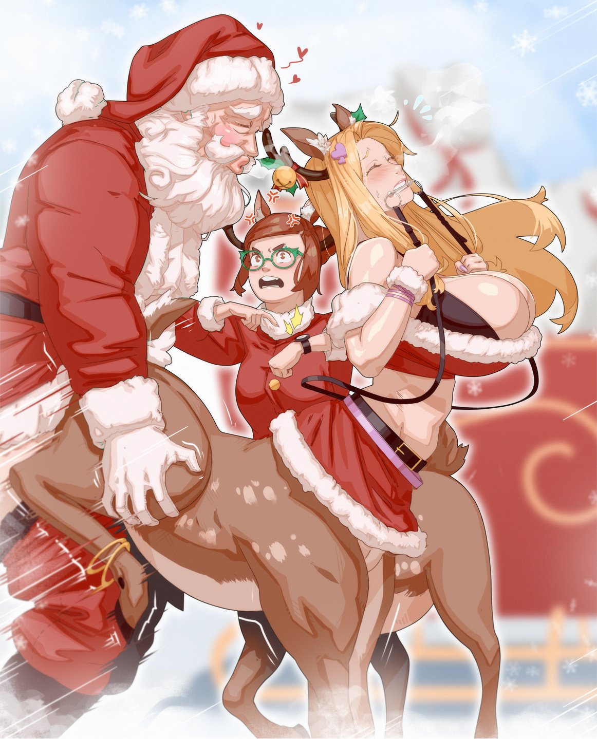 1boy 2girls angry animal_ears antlers beard blonde_hair blurry blurry_background breasts brown_hair centaur christmas coat deer_ears facial_hair full_beard fur_trim gag glasses harness hat highres horns interspecies large_breasts long_beard materclaws multiple_girls old old_man original red_coat reindeer_antlers reindeer_girl santa_claus santa_hat sex sleigh taur thick_beard watch white_hair wristwatch