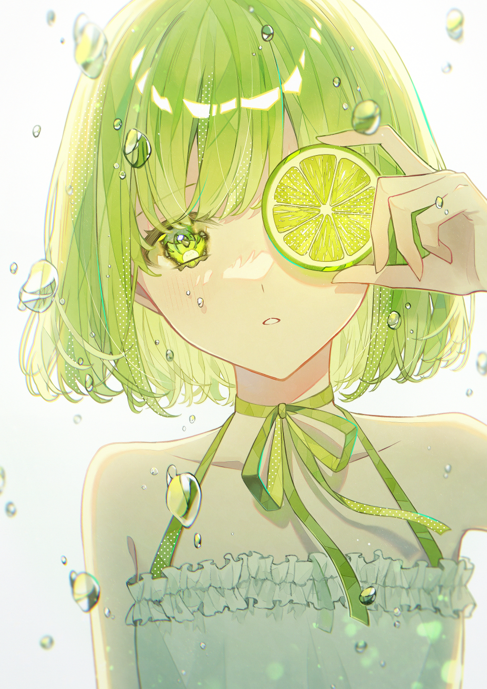 1girl bare_shoulders bow commentary_request dress food fruit green_bow green_eyes green_hair highres holding holding_food lime_(fruit) lime_slice looking_at_viewer necojishi original parted_lips short_hair simple_background sleeveless sleeveless_dress water_drop white_background white_dress