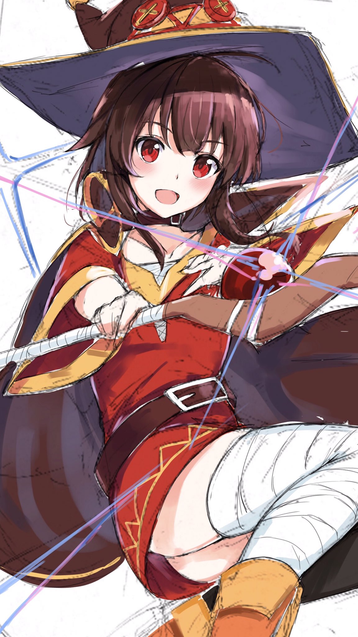 1girl :d bandaged_leg bandages belt blunt_bangs blush brown_belt brown_cape brown_hair brown_headwear cape casting_spell commentary dress fighting_stance hat highres holding holding_staff kono_subarashii_sekai_ni_shukufuku_wo! legs_together long_sleeves looking_at_viewer mage_staff megumin open_mouth pointing pointing_at_viewer red_dress red_eyes short_dress short_hair_with_long_locks simple_background sketch smile solo staff thighs white_background wide_sleeves witch_hat yanagi_marie zettai_ryouiki