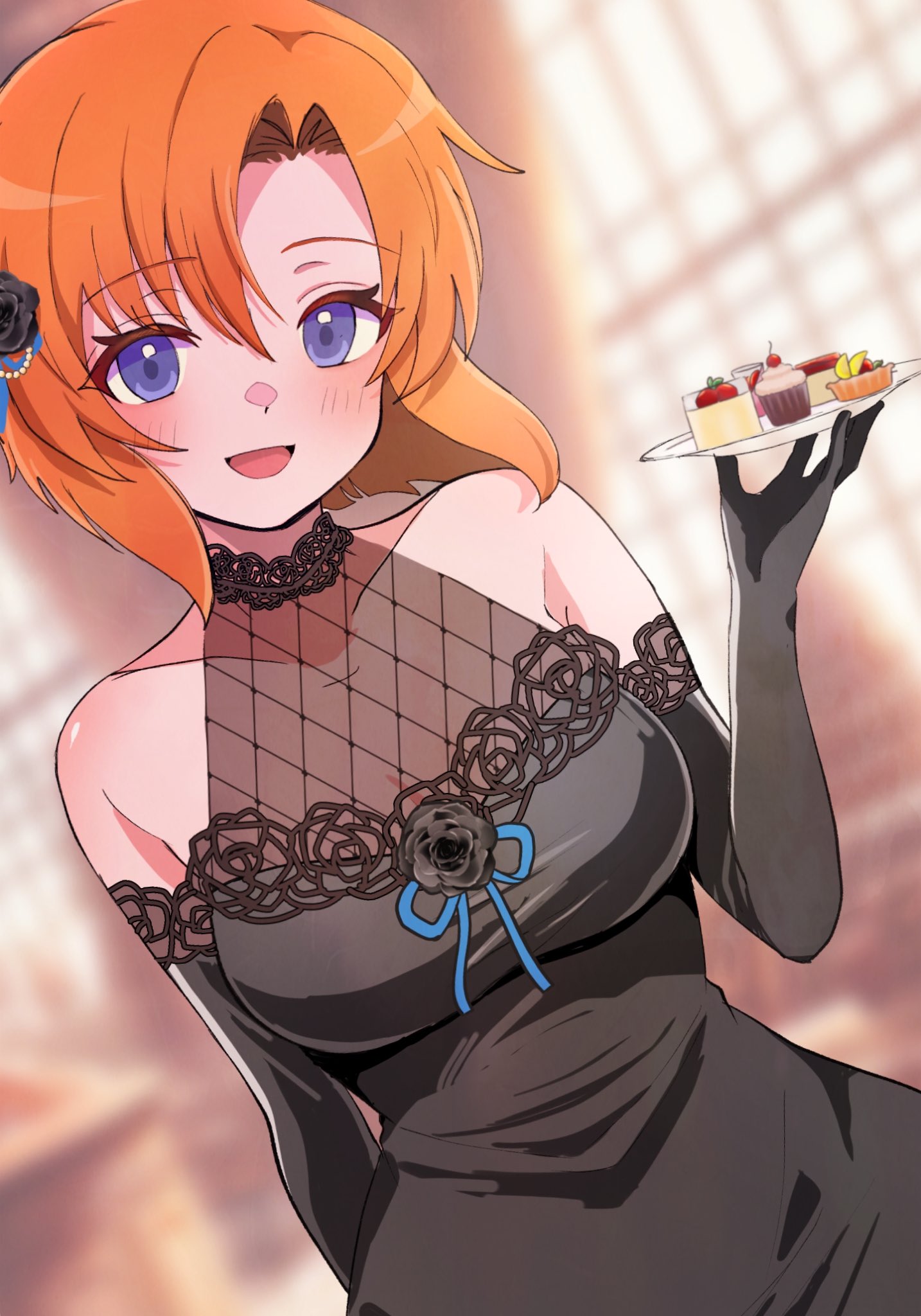 1girl :d alternate_costume arm_behind_back bare_shoulders black_dress black_flower black_gloves black_rose blue_eyes blurry blurry_background blush bob_cut breasts cleavage collarbone commentary_request cowboy_shot curvy dress dutch_angle elbow_gloves eyelashes eyes_visible_through_hair flower food formal gloves hair_between_eyes hair_flower hair_ornament hand_up happy highres higurashi_no_naku_koro_ni holding holding_plate impossible_clothes indoors large_breasts looking_at_viewer open_mouth orange_hair plate rose ryuuguu_rena short_hair sleeveless sleeveless_dress smile solo sweets tsurime yuno_ff