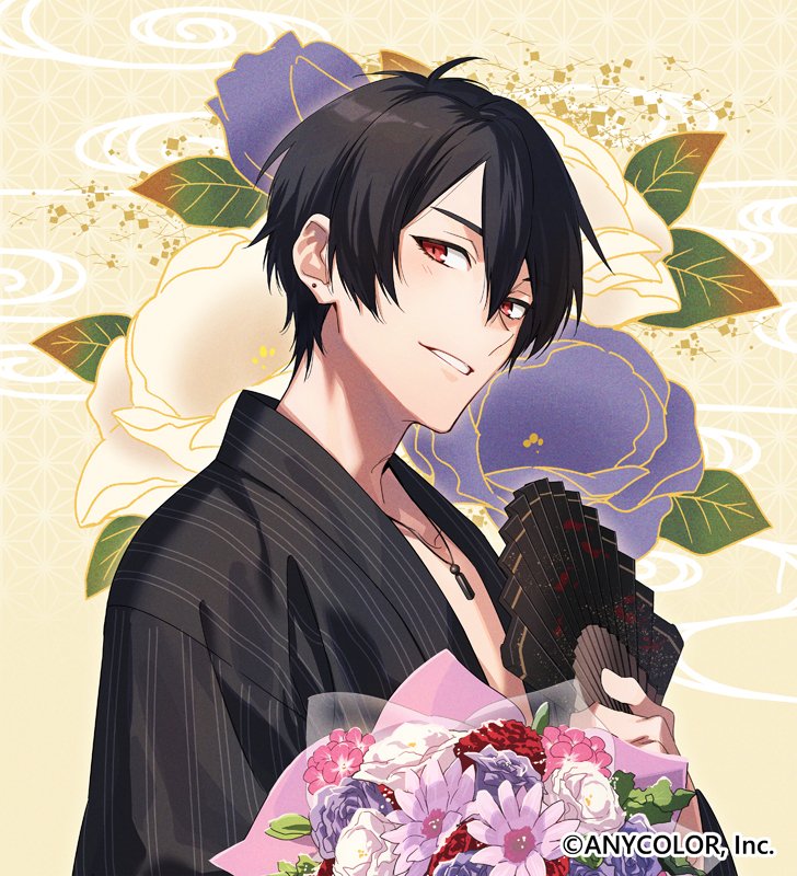 alternate_costume black_hair black_kimono blush bouquet copyright_name flower grin hand_fan holding holding_fan japanese_clothes jewelry kimono leaf looking_at_viewer necklace nijisanji official_alternate_costume official_art pendant pink_flower purple_flower red_eyes smile teeth virtual_youtuber white_flower xia_(ryugo) yellow_background yumeoi_kakeru yumeoi_kakeru_(2nd_costume)