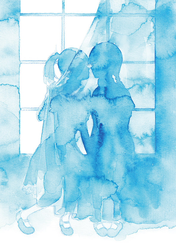 2girls behind_curtains blue_theme curtains dress faceless faceless_female imminent_kiss juliet_sleeves long_sleeves looking_at_another mary_janes moekon multiple_girls original painting_(medium) puffy_sleeves school_uniform shoes sitting traditional_media watercolor_(medium) window yuri