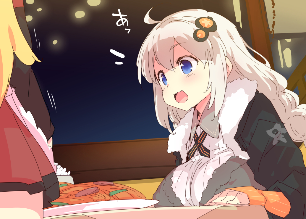 2girls :3 :d ahoge apron black_jacket blonde_hair blue_eyes braid breast_rest breasts breasts_on_table commentary_request double-parted_bangs dress food frilled_dress frills fur-trimmed_jacket fur_trim hair_ornament jacket kizuna_akari long_hair multiple_girls pasta petenshi_(dr._vermilion) pleated_skirt restaurant skirt sleeves_past_wrists smile spaghetti table translation_request tsurumaki_maki voiceroid white_apron white_hair