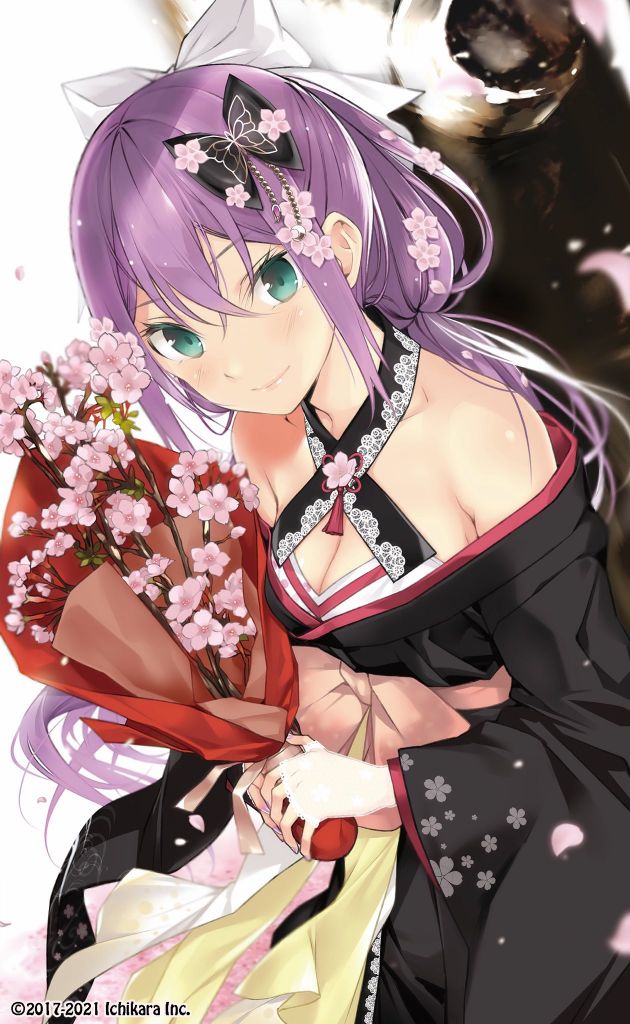 1girl artist_request black_bow bouquet bow breasts cherry_blossom_print cherry_blossoms cleavage collarbone copyright_name criss-cross_halter falling_petals floral_print flower green_eyes hair_bow hair_flower hair_ornament halterneck holding holding_bouquet japanese_clothes kimono large_breasts long_hair looking_at_viewer low_twintails nijisanji obi off_shoulder official_art orange_bow petals pink_flower pink_petals purple_hair sakura_ritsuki sakura_ritsuki_(1st_costume) sash smile solo twintails virtual_youtuber white_bow yellow_sash