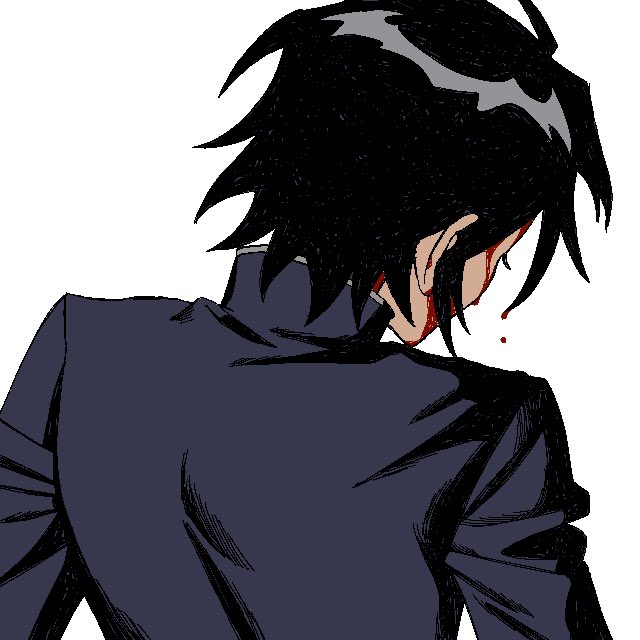 1boy arms_at_sides black_hair black_jacket bleeding blood blood_drip blood_in_hair blood_on_face facing_away from_behind jacket jaggy_lines male_focus randal's_friends short_hair simple_background solo takushi_(taxi739) tsukada_satoru turtleneck turtleneck_jacket upper_body white_background