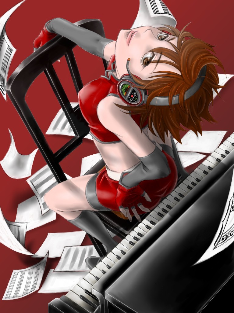 artist_request brown_eyes brown_hair chair fingerless_gloves gloves headphones instrument lips meiko music perspective piano red smile solo vocaloid