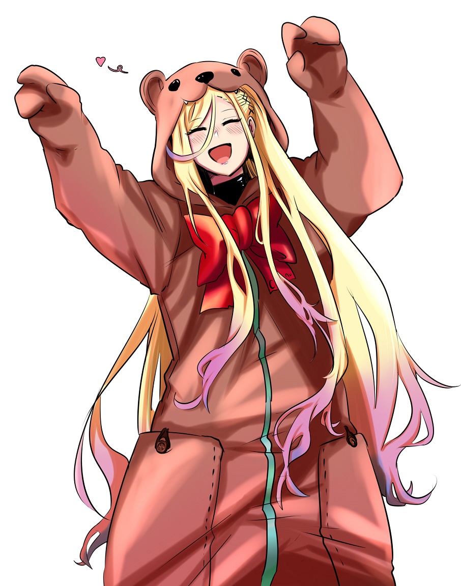 1girl a-91_(girls'_frontline) a-91_(inflammable_oolong_tea)_(girls'_frontline) animal_costume bear_costume blonde_hair blush bow closed_eyes girls'_frontline gradient_hair heart long_hair multicolored_hair official_alternate_costume open_mouth pocket purple_hair red_bow reizo_ne solo straight-on white_background