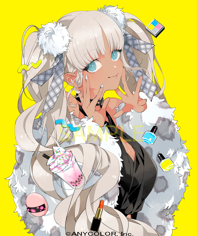 alternate_costume alternate_hairstyle black_choker black_shirt blonde_hair blue_eyes breasts bubble_tea choker cleavage copyright_name criss-cross_halter crop_top dark-skinned_female dark_skin eyeshadow fur_scarf gyaru halterneck jewelry kinako_(marubotan) large_breasts lipstick looking_at_viewer makeup nail_polish nijisanji official_alternate_costume official_art pom_pom_(clothes) sample_watermark shirt silver_nails simple_background smile solo squiggle tan todoroki_kyouko todoroki_kyouko_(5th_costume) twintails virtual_youtuber watermark white_hair yellow_background