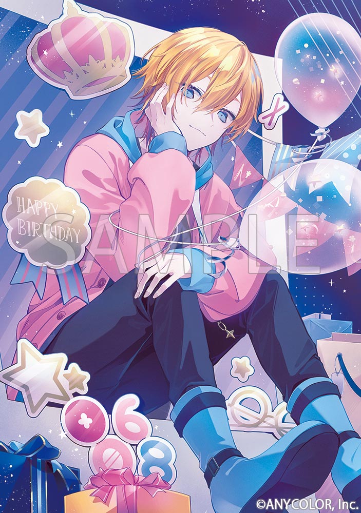 1boy award_ribbon bag balloon banner black_pants blonde_hair blue_eyes blue_footwear boots box chain closed_mouth copyright_name crown dots gift gift_box glasses grey_sweater hand_on_own_cheek hand_on_own_face happy_birthday hood hoodie jewelry male_focus multicolored_hair naruse_naru naruse_naru_(4th_costume) nijisanji official_art open_clothes open_hoodie pants pendant pink_hoodie purple_hair sample_watermark shopping_bag sitting solo star_(symbol) streaked_hair sweater timestamp tomo7xxxx virtual_youtuber watermark