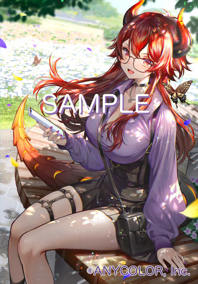 1girl :d alternate_costume alternate_hairstyle bag black-framed_eyewear black_bag black_choker black_skirt breasts bug butterfly cellphone choker cleavage collarbone collared_shirt copyright_name dola_(7th_costume)_(nijisanji) dola_(nijisanji) dragon_girl dragon_horns dragon_tail falling_petals fang fangs field flower glasses hair_between_eyes holding holding_phone horns jewelry large_breasts lava light_particles light_rays looking_at_viewer multicolored_horns nail_polish necklace nijisanji official_alternate_costume official_alternate_hairstyle official_art open_clothes partially_unbuttoned pendant petals phone purple_nails purple_petals purple_shirt red_eyes red_hair sample_watermark shirt sitting skirt smile solo tail tarutaru_yamaoka tongue unbuttoned unbuttoned_shirt virtual_youtuber watermark yellow_petals
