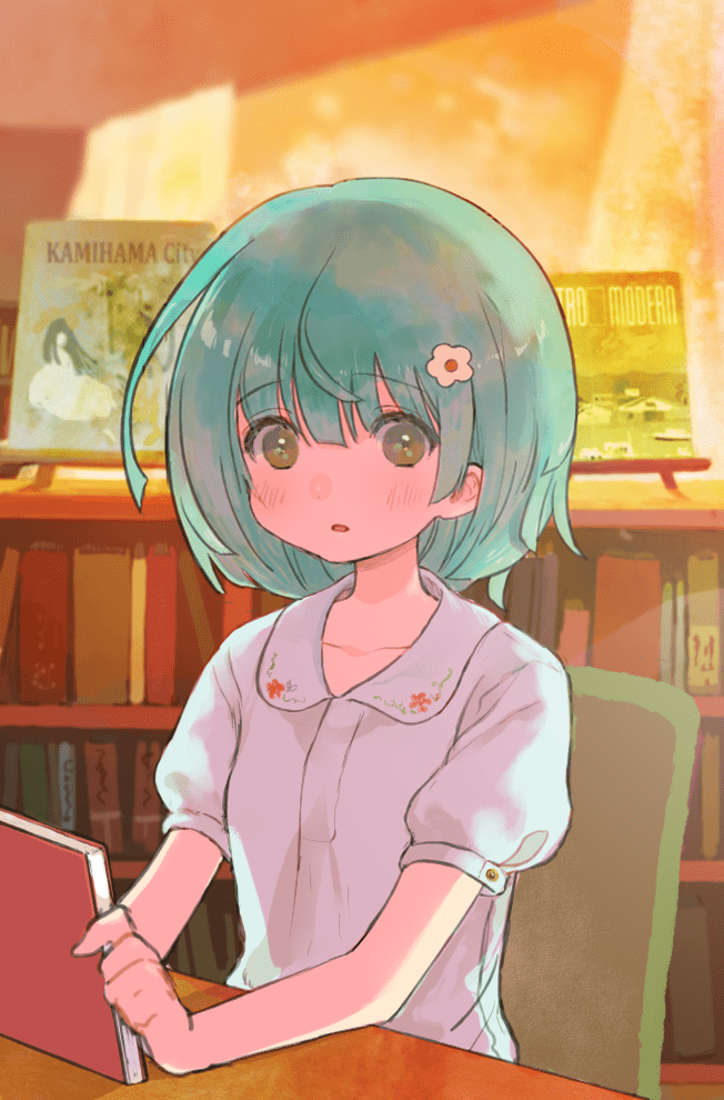 1girl :o backlighting book bookshelf brown_eyes chair collared_shirt dusk floral_print flower green_hair hair_flower hair_ornament holding holding_book indoors looking_at_viewer magia_record:_mahou_shoujo_madoka_magica_gaiden mahou_shoujo_madoka_magica natsume_kako open_mouth puffy_short_sleeves puffy_sleeves second-party_source shirt short_hair short_sleeves sitting solo table upper_body white_flower white_shirt yorunogumo