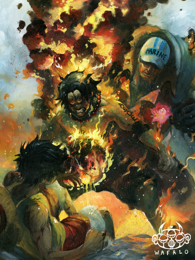 3boys acrylic_paint_(medium) arm_tattoo artist_logo artist_name attack baseball_cap battle bead_necklace beads black_hair clenched_teeth coat death devil_fruit_power embers fire flaming_hand flower hat hat_on_back jewelry lava male_focus monkey_d._luffy multiple_boys necklace on_ground one_piece painting_(medium) portgas_d._ace pyrokinesis red_flower red_suit sakazuki_(akainu) scene_reference shirt short_hair shorts sleeveless sleeveless_jacket smoke straw_hat suit tattoo teeth toned toned_male traditional_media wafalo white_coat white_hair yellow_shirt