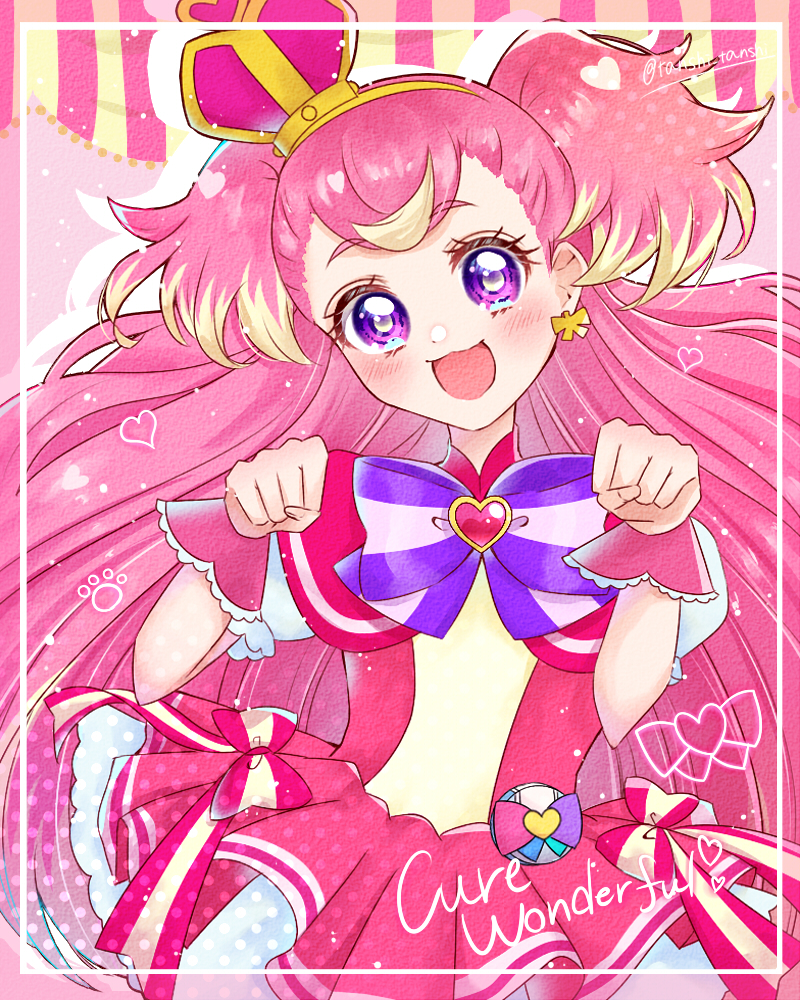 1girl :d blonde_hair blue_eyes blush bow bright_pupils character_name crown cure_wonderful dot_nose dress dress_bow earrings hairband head_tilt heart inukai_komugi jewelry long_hair looking_at_viewer magical_girl mini_crown multicolored_bow multicolored_eyes multicolored_hair open_mouth paw_pose paw_print petticoat pink_background pink_dress pink_hair pink_theme pink_wrist_cuffs pouch precure puffy_sleeves purple_bow purple_eyes short_dress smile solo streaked_hair striped_bow tanshi_tanshi tilted_headwear twitter_username two-tone_hair two_side_up upper_body wonderful_precure! wrist_cuffs yellow_hairband