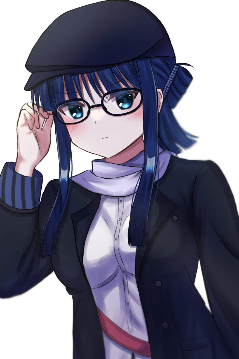 1girl adjusting_eyewear alternate_hairstyle aqua_eyes arm_at_side beret bespectacled black-framed_eyewear black_coat black_headwear blue_hair blunt_ends blush breasts closed_mouth coat commentary_request frown glasses hair_between_eyes hand_up hat highres looking_at_viewer mahigu_re medium_breasts open_clothes open_coat scarf shirt sidelocks simple_background solo touma_kazusa tsurime upper_body v-shaped_eyebrows white_album_(series) white_album_2 white_background white_scarf white_shirt