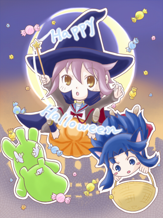 achakura animal_ears asakura_ryouko basket candy cardigan cat_ears cat_tail chibi food halloween hat kimidori-san komochi_shishamo multiple_girls nagato_yuki pumpkin school_uniform suzumiya_haruhi-chan_no_yuuutsu suzumiya_haruhi_no_yuuutsu tail wand witch_hat