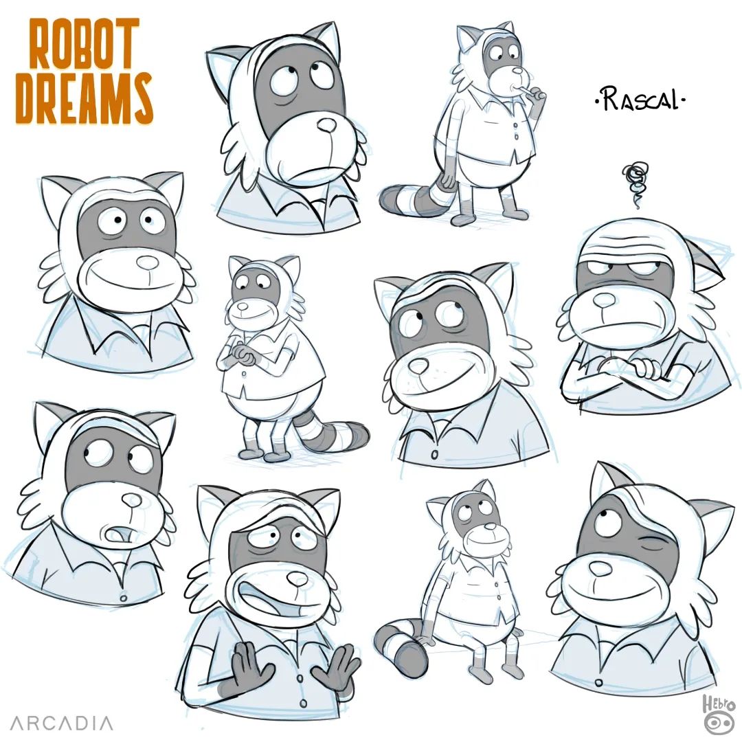 2020 angry anthro biped clothing concept_art daniel_fernandez_casas eyes_closed humanoid_hands male mammal model_sheet official_art procyonid raccoon rascal_(robot_dreams) robot_dreams shirt simple_background sitting slightly_chubby solo topwear