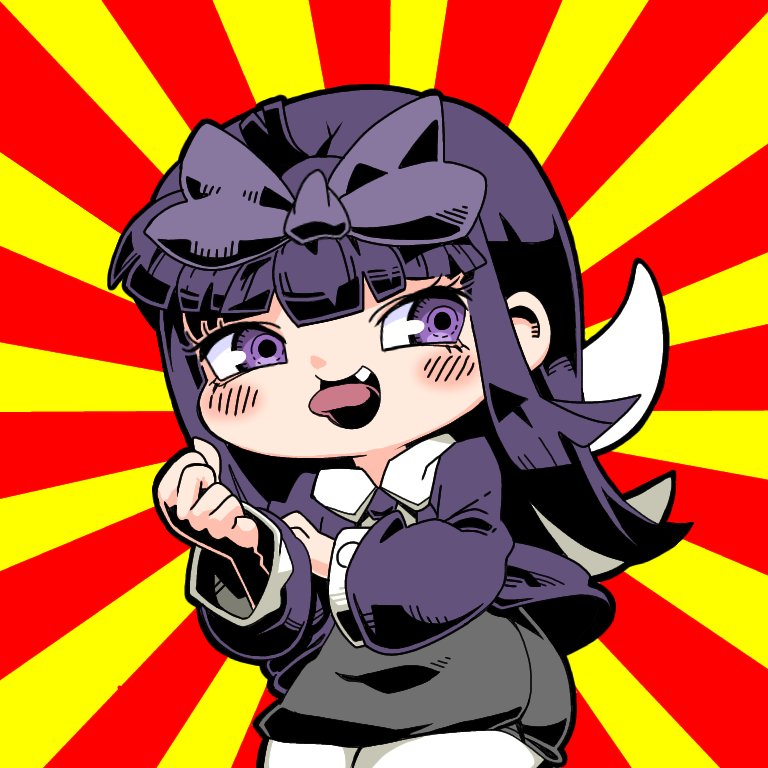 1girl black_skirt blunt_bangs blush bow bras_d'honneur collared_shirt commentary_request cookie_(touhou) cowboy_shot fairy_wings fang hair_bow hime_cut jacket long_hair long_sleeves looking_to_the_side medium_bangs meme necktie open_mouth purple_bow purple_eyes purple_hair purple_jacket purple_necktie red_background shirt shunga_youkyu sidelocks skirt smile solo star_sapphire sunburst sunburst_background tonchamon_san tongue tongue_out touhou white_shirt wings yellow_background zettai_yurusanae