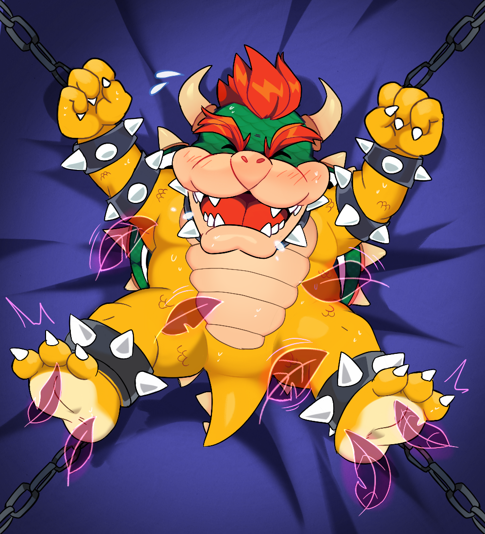 2023 2_horns 3_toes 4_fingers anklet anthro bdsm blush blush_lines bondage bound bowser chain chained claws curved_horn eyebrows eyes_closed feet finger_claws fingers fist green_body green_scales hair horn jewelry koopa laugh legband magic male mario_bros nintendo nude pmarshyy red_blush red_eyebrows red_hair red_tongue scales scalie sharp_teeth shell short_hair short_tail soles solo spiked_anklet spiked_legband spikes tail teeth tickle_fetish tickle_torture tickling tickling_armpits tickling_belly tickling_feet toes tongue white_claws x_position yellow_body yellow_scales