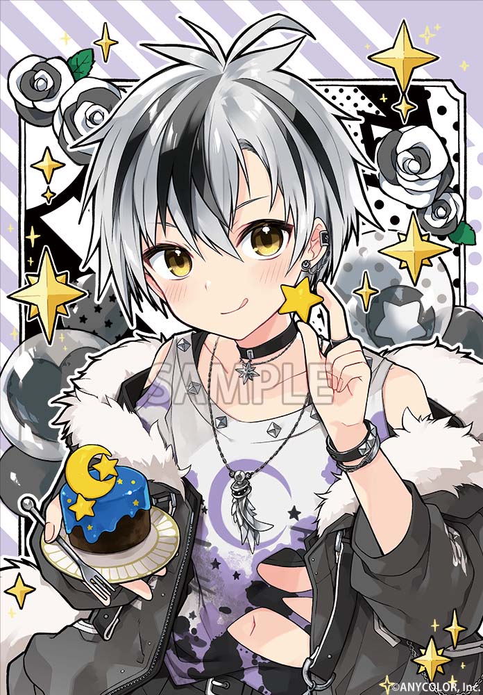 1boy balloon belt black_belt black_choker black_hair black_jacket black_shirt blush cake choker copyright_name crescent_moon crop_top ear_piercing flower food fur-trimmed_jacket fur_trim hair_between_eyes holding holding_plate jacket jewelry kamiyoshi_rika looking_at_viewer male_focus moon multicolored_hair multicolored_shirt navel necklace nijisanji official_art open_clothes open_jacket piercing plate polka_dot purple_background purple_shirt rose sample_watermark shirt solo sparkle star_(symbol) stomach streaked_hair suzuki_masaru tank_top tongue torn_clothes torn_shirt undershirt virtual_youtuber watermark white_hair white_shirt yellow_eyes