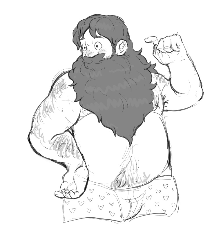 1boy bara beard belly boxers chest_hair cropped_legs dungeon_meshi dwarf facial_hair greyscale hairy hand_up heart heart_print long_beard looking_to_the_side male_focus male_underwear monochrome no_headwear plump print_male_underwear senshi_(dungeon_meshi) solo thick_arm_hair thick_back_hair thick_mustache thick_navel_hair toni_(onygamerpro197) topless_male underwear very_long_beard