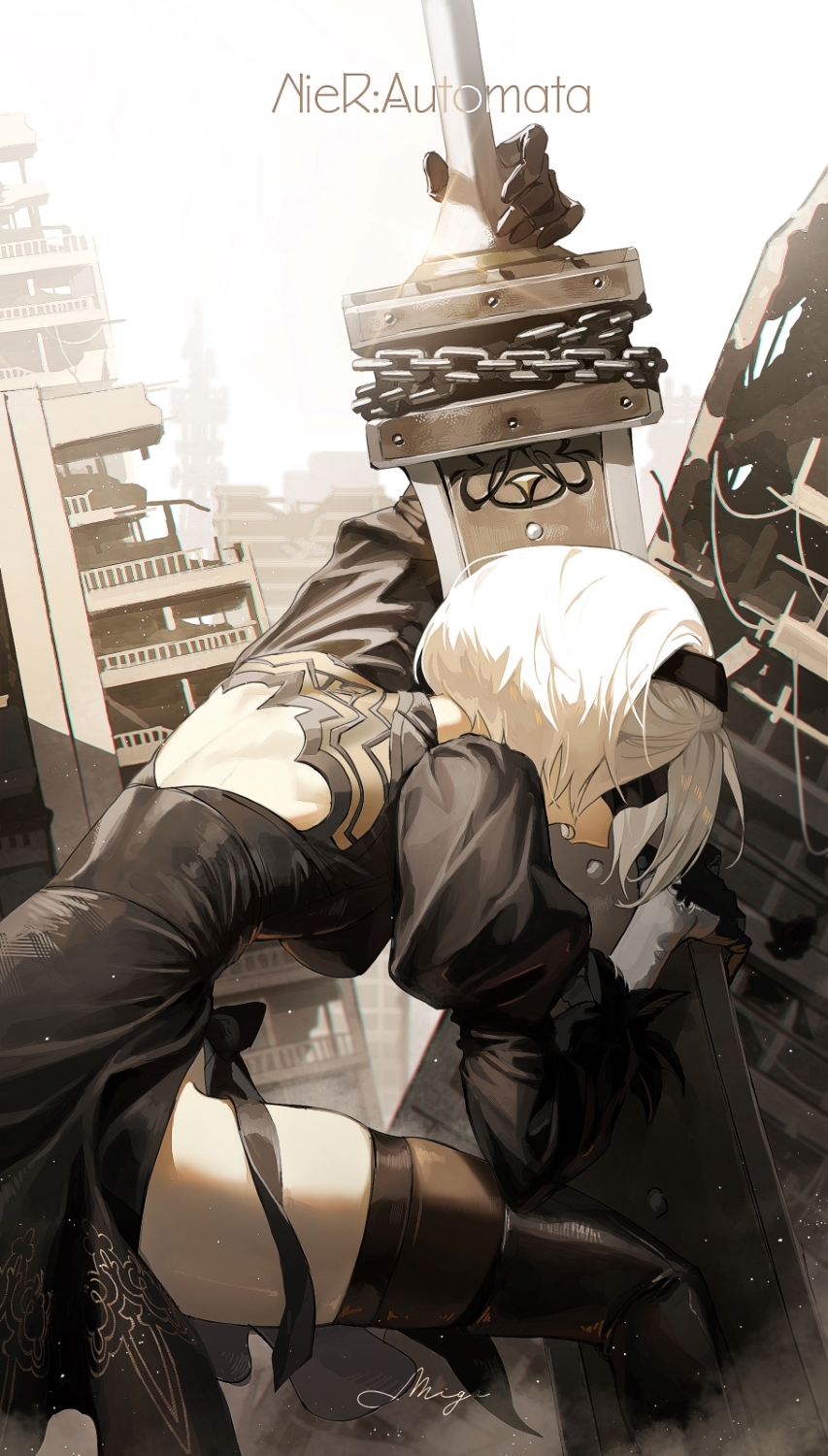 1girl 2b_(nier:automata) back_cutout black_dress black_footwear black_gloves black_hairband blindfold boots brown_thighhighs building clothing_cutout dress from_side gloves hairband highres holding holding_sword holding_weapon migo45 nier_(series) open_mouth profile ruins side_slit signature sky skyscraper solo sword thigh_boots thighhighs weapon white_hair white_sky