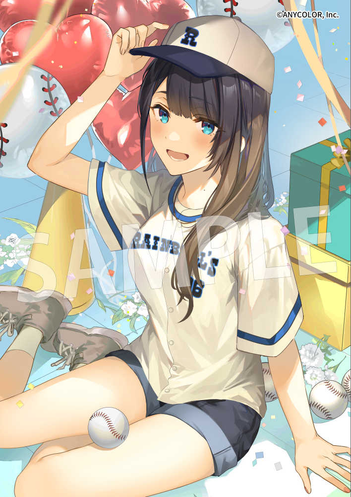 1girl :d alternate_costume alternate_hairstyle balloon baseball baseball_cap baseball_jersey black_hair black_shorts blue_eyes blush box confetti copyright_name dot_nose english_text flower gift gift_box grey_footwear hand_on_headwear hat heart_balloon jersey looking_at_viewer megaphone mole mole_on_neck nijisanji official_art onomachi_haruka shirt shoes shorts smile sneakers socks streamers teeth tongue virtual_youtuber white_flower white_headwear white_shirt white_socks yoshida_bana