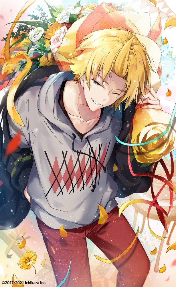 1boy banner black_hoodie blonde_hair bouquet box collarbone confetti copyright_name drawstring english_text flower gift gift_box grey_eyes grin happy_birthday hirai_yuzuki holding holding_bouquet hood hoodie kanda_shouichi light_particles male_focus nijisanji official_art one_eye_closed pants pink_flower red_pants red_ribbon ribbon slit_pupils smile solo standing streamers table teeth virtual_youtuber watercolor_background yellow_flower