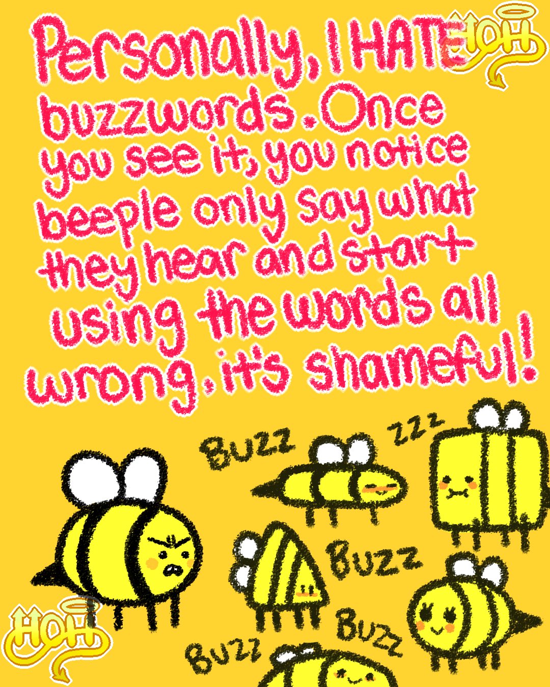 4:5 ambiguous_gender annoyed arthropod artist_logo bee black_body bumble_(hornsonhalos) dialogue english_text eyelashes female feral group happy hi_res hornsonhalos hymenopteran insect insect_wings logo mouthless open_mouth public_service_announcement question simple_background smile standing stinger striped_body stripes talking_to_another teeth text watermark wings yellow_background yellow_body