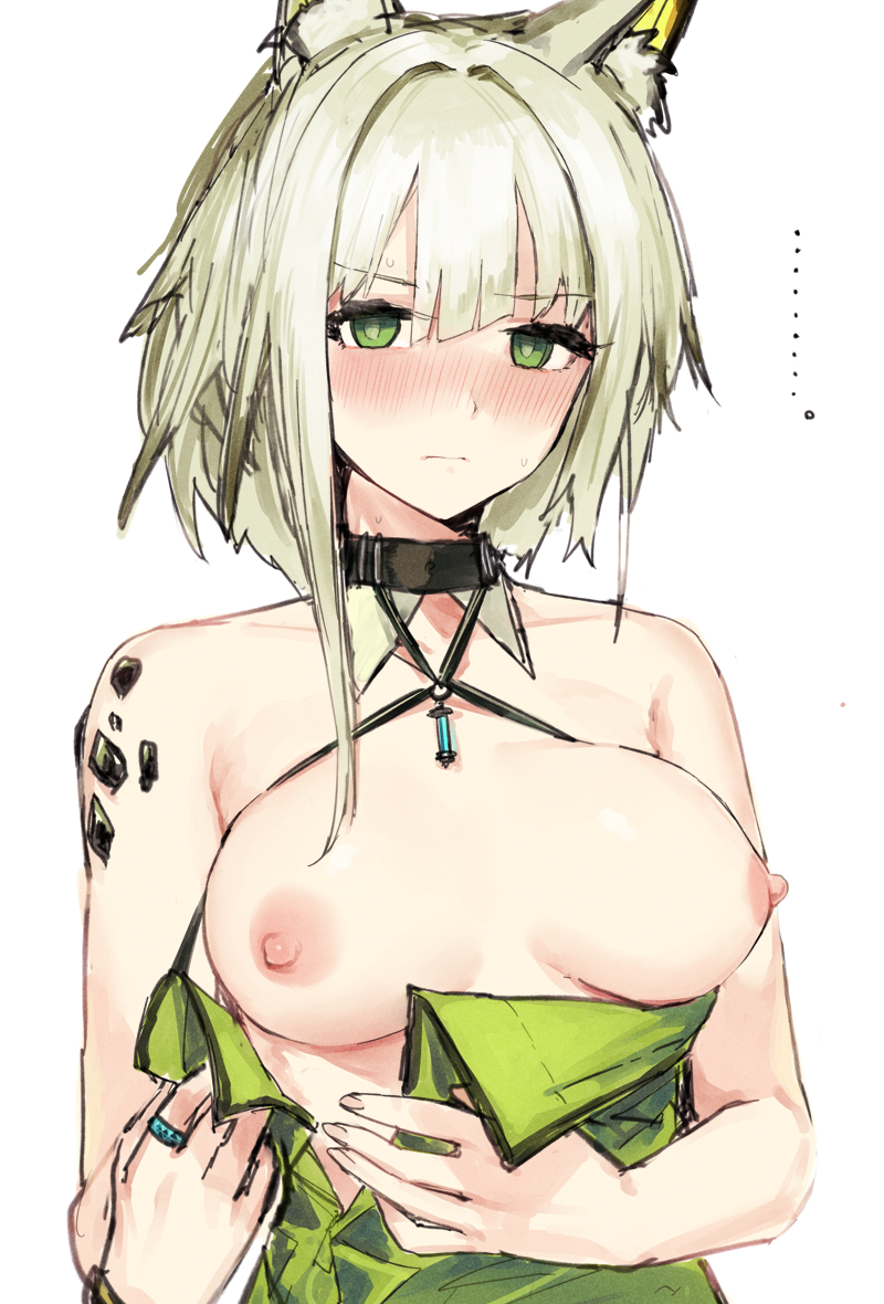 ... 1girl animal_ear_fluff animal_ears arknights bare_shoulders black_choker blush breasts cat_ears cat_girl choker closed_mouth dress dressing embarrassed green_dress green_eyes kal'tsit_(arknights) looking_at_viewer nipples oripathy_lesion_(arknights) poppoco_ya simple_background single_sidelock solo upper_body white_background