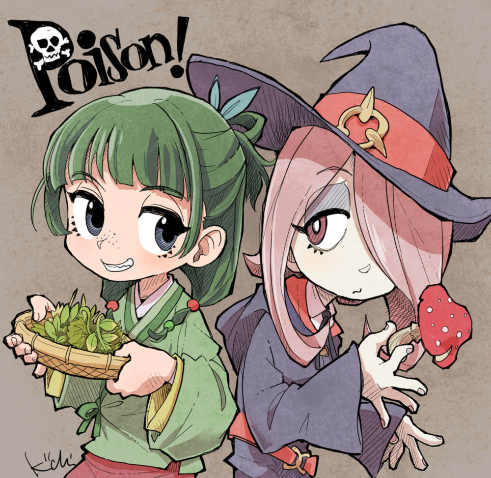 2girls basket beads belt black_ribbon chinese_clothes crossover english_text eyeshadow freckles green_hair grey_background grin hair_beads hair_ornament hair_over_one_eye hair_rings hanfu hat hat_ornament herb holding holding_basket holding_mushroom hood hood_down hooded_robe kiichi kusuriya_no_hitorigoto layered_shirt layered_sleeves little_witch_academia long_hair long_sleeves looking_at_viewer luna_nova_school_uniform makeup maomao_(kusuriya_no_hitorigoto) multi-tied_hair multiple_girls mushroom neck_ribbon one_eye_covered pink_hair poison_mushroom purple_headwear purple_robe red_eyes ribbon robe school_uniform short_hair_with_long_locks sideways_glance signature simple_background smile sucy_manbavaran trait_connection twintails upper_body wide_sleeves witch_hat