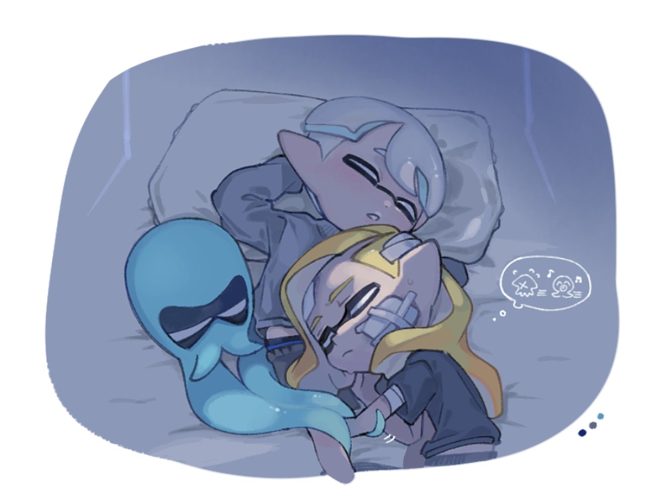 2boys bandaid bandaid_on_face black_shirt blonde_hair border closed_mouth dot_nose indoors inkling_boy inkling_player_character lying medium_hair multiple_boys musical_note octopus on_back on_bed on_side parted_lips pillow pointy_ears shirt short_hair spl8ya splatoon_(series) squid tentacle_hair thought_bubble white_border white_hair