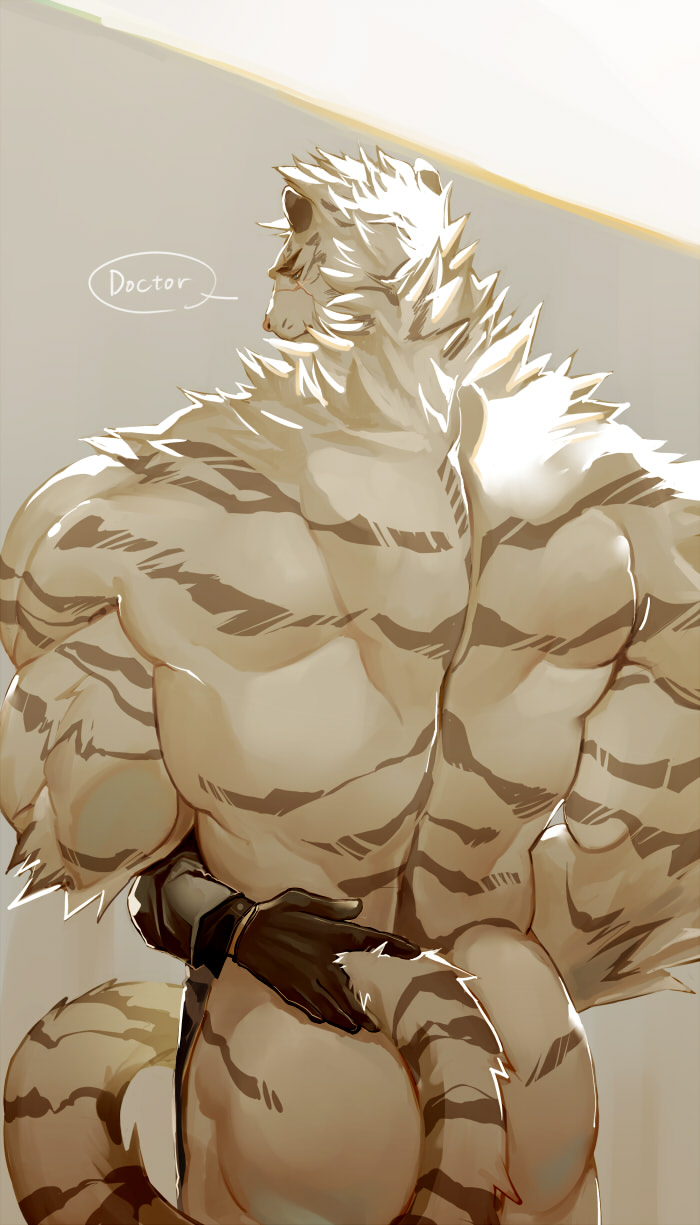4:7 anthro arknights butt clothing doctor_(arknights) duo felid gloves handwear hi_res hinokumo_f human hypergryph male male/male mammal mountain_(arknights) muscular pantherine size_difference striped_body stripes studio_montagne text tiger
