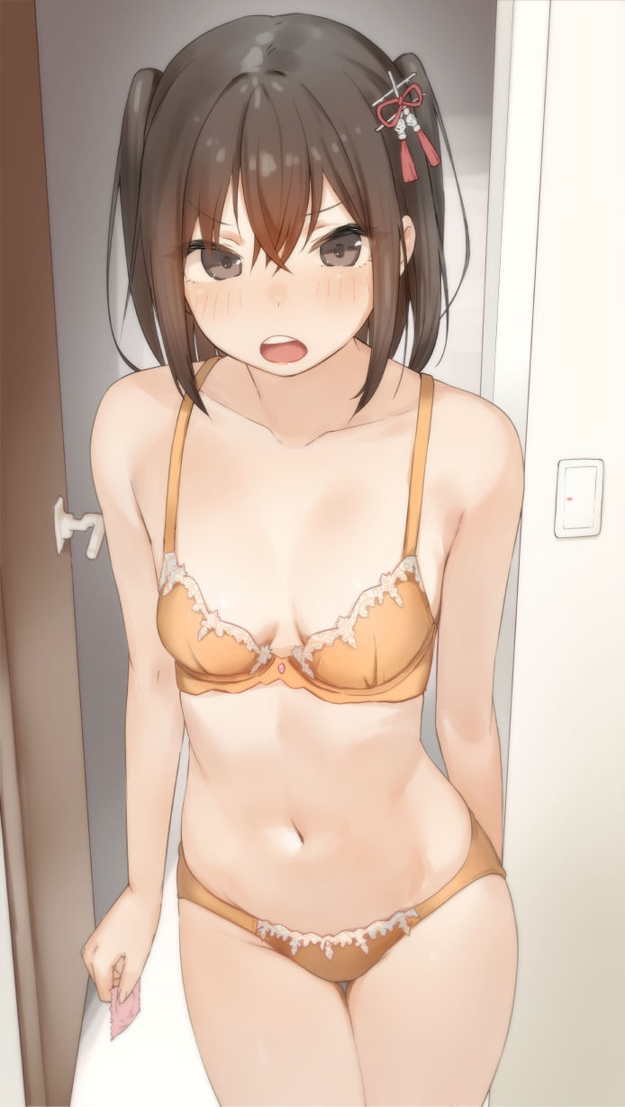 1girl bare_arms bare_shoulders bra breasts brown_eyes brown_hair commentary_request condom condom_wrapper cowboy_shot highres holding holding_condom indoors kantai_collection looking_at_viewer open_mouth panties sakieko sendai_(kancolle) short_hair small_breasts solo stomach thighs two_side_up underwear yellow_bra yellow_panties