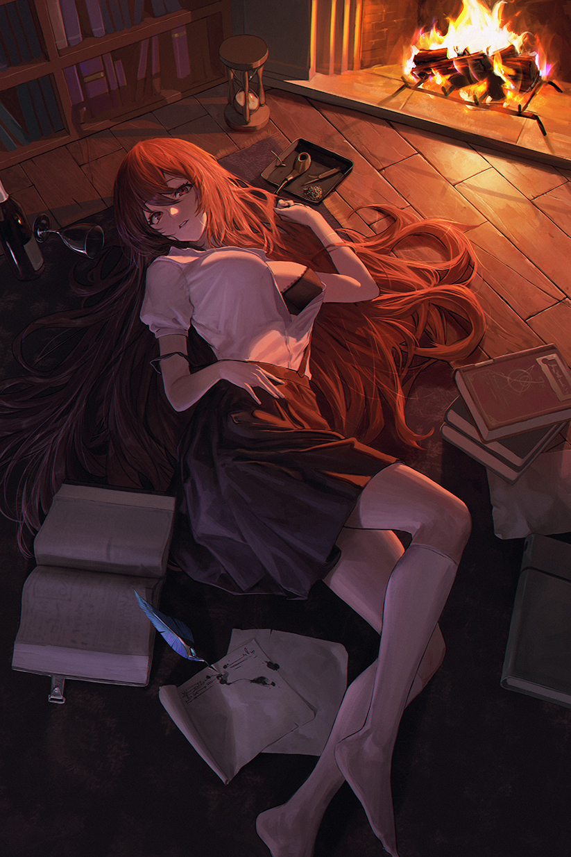 1girl barefoot black_bra book book_stack bookshelf bottle bra breasts burning cool4noodle cup drinking_glass fire fireplace from_above highres hourglass large_breasts long_hair looking_at_viewer lying on_back open_book original parted_lips partially_unbuttoned pleated_skirt quill red_eyes red_hair shirt shirt_tucked_in skirt smoking_pipe socks solo suspender_skirt suspenders underwear very_long_hair white_shirt white_socks wine_glass wooden_floor