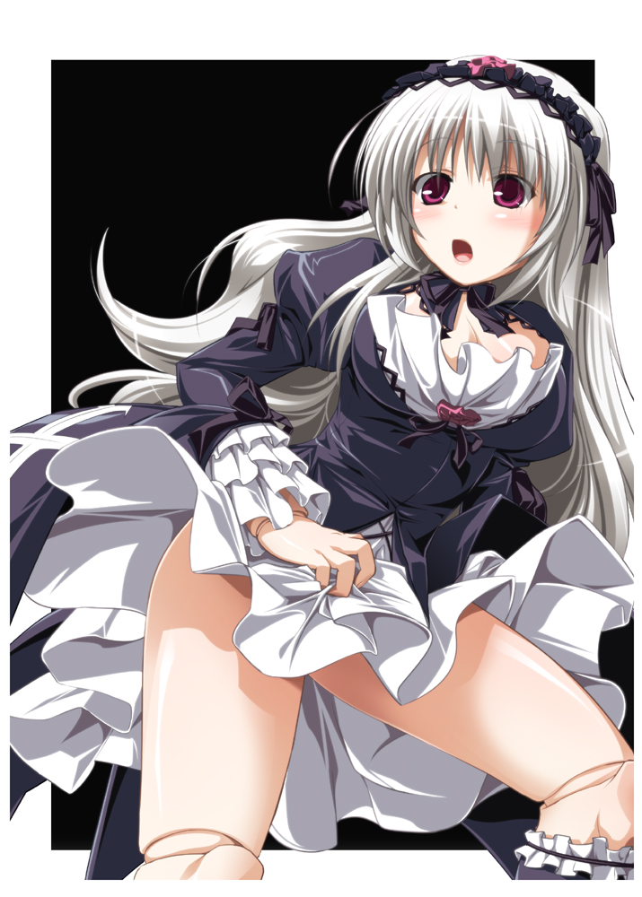 :o bow breasts cleavage doll_joints dress flower gothic_lolita gucchi hairband lolita_fashion long_hair medium_breasts purple_flower purple_rose red_eyes ribbon rose rozen_maiden silver_hair skirt_hold solo suigintou