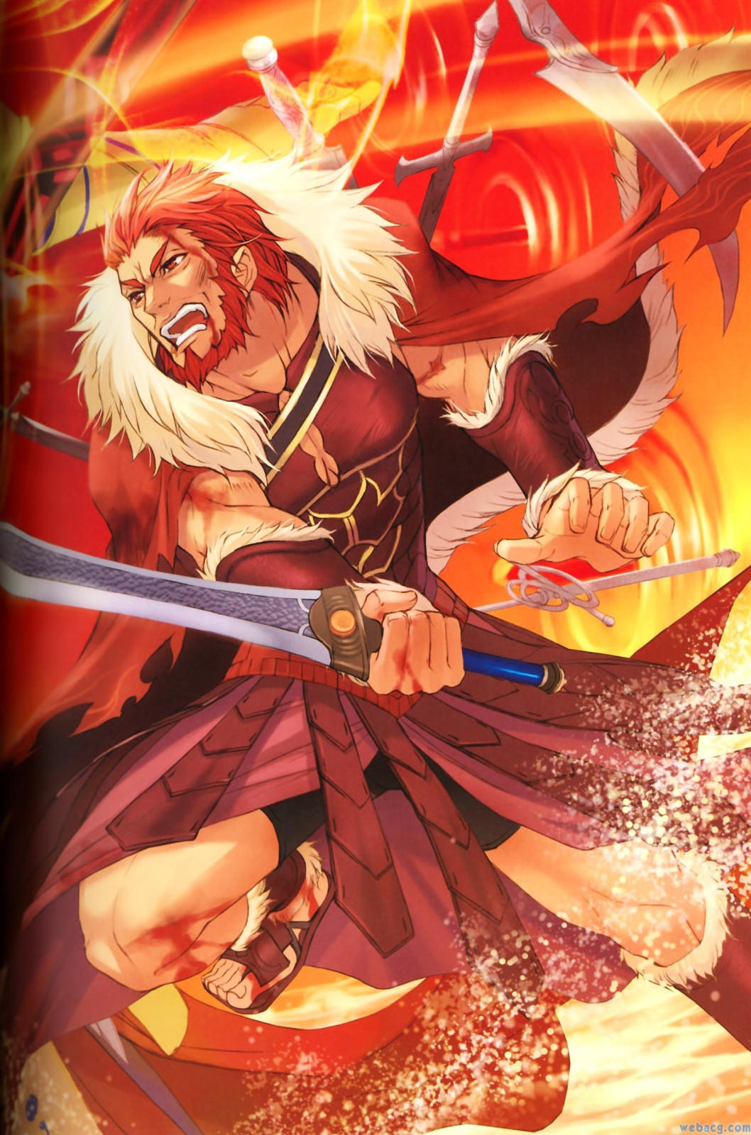 artbook artist_request beard blood cape ea_(fate/stay_night) facial_hair fate/zero fate_(series) gate_of_babylon highres male_focus manly muscle red_hair rider_(fate/zero) sandals solo sword watermark weapon