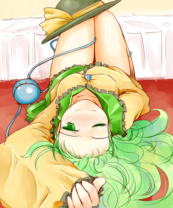 blush collarbone eyeball forehead green_eyes green_hair hat hat_removed headwear_removed kanoe_soushi komeiji_koishi lying on_back one_eye_closed solo third_eye touhou upside-down