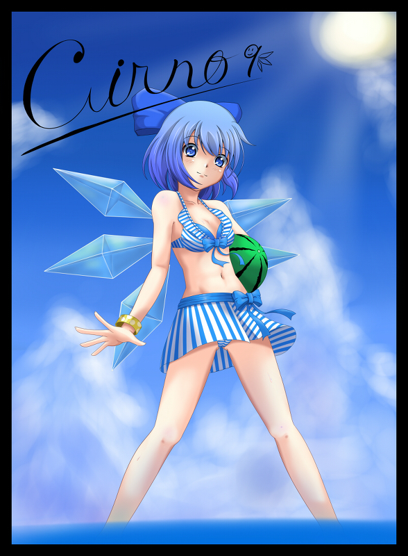 bad_id bad_pixiv_id bare_shoulders bikini blue_eyes blue_hair bow breasts character_name cirno cleavage food fruit hair_bow holding holding_food holding_fruit kou512a medium_breasts navel ocean short_hair solo swimsuit touhou wading water watermelon wings wristband