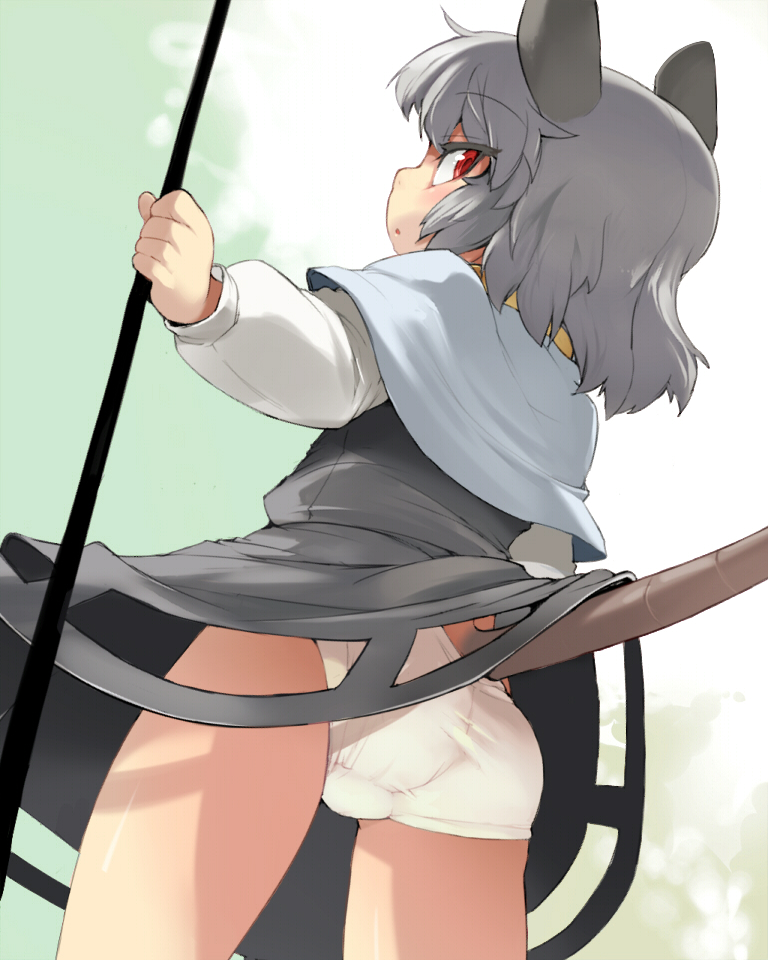 animal_ears ario ass capelet from_below grey_hair mouse_ears mouse_tail nazrin panties red_eyes short_hair solo tail touhou underwear upskirt white_panties