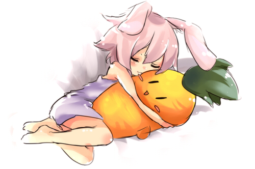 animal_ears bunny_ears carrot carrot_pillow copyright_request kumuiutabito lowres pillow pillow_hug sleeping solo