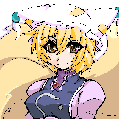artist_request blonde_hair brooch closed_mouth frills gem hat jewelry looking_at_viewer lowres oekaki ofuda pillow pillow_hat short_hair smile solo tabard tassel touhou upper_body white_background yakumo_ran