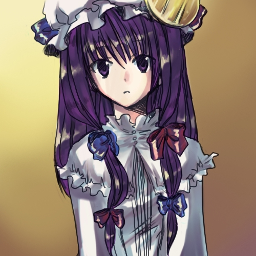 :o beige_background crescent dress expressionless frills hat long_hair long_sleeves looking_at_viewer lowres mob_cap onimaru_gonpei parted_lips patchouli_knowledge purple_eyes purple_hair simple_background solo touhou very_long_hair white_dress