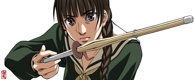 braid brown_eyes brown_hair maria-sama_ga_miteru parody school_uniform shigurui shimazu_yoshino shinai shiraki_(artist) solo sword uniform weapon