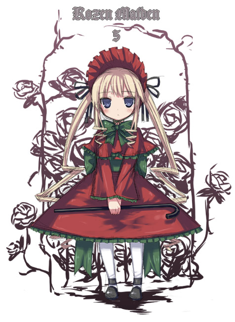 blonde_hair blue_eyes bow bowtie full_body gozen_shinshi green_bow green_neckwear long_hair long_sleeves looking_at_viewer own_hands_together pantyhose rozen_maiden shinku simple_background solo standing v_arms white_background white_legwear