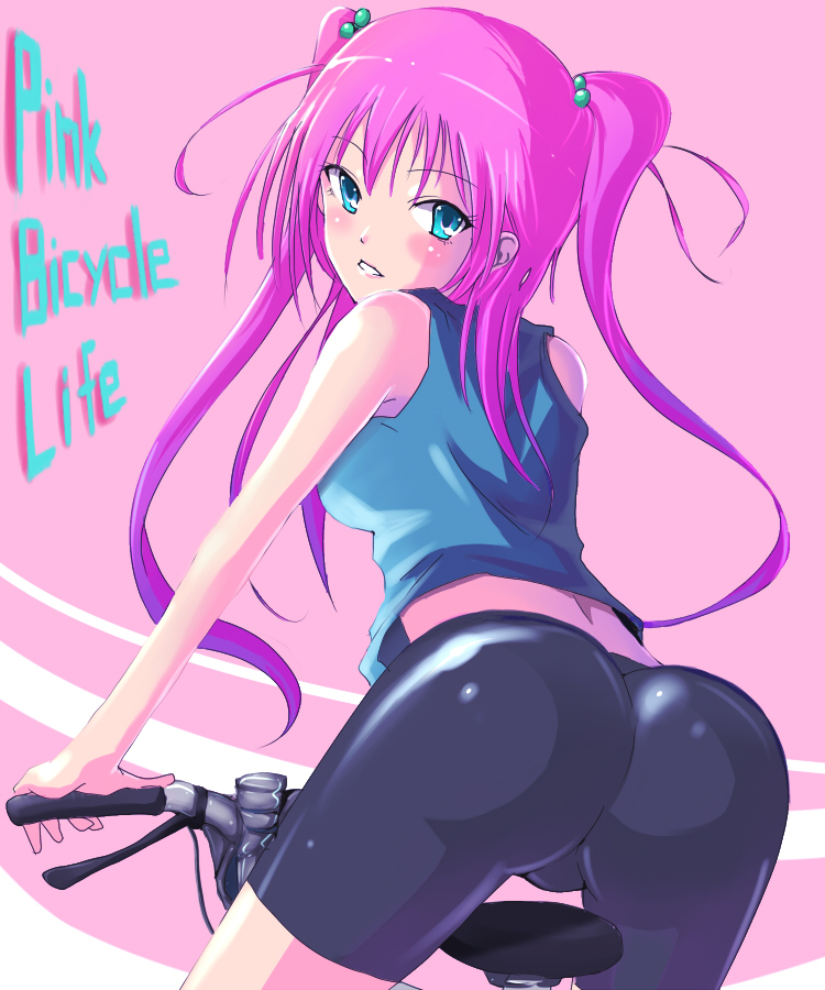 ass bad_id bad_pixiv_id bicycle bike_shorts blue_eyes ground_vehicle kasai_shin long_hair original pink_hair solo twintails